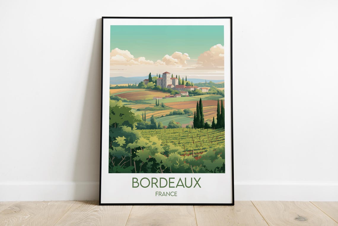 Bordeaux France Sunlit Chateau Cypress Hills Vintage Travel Poster