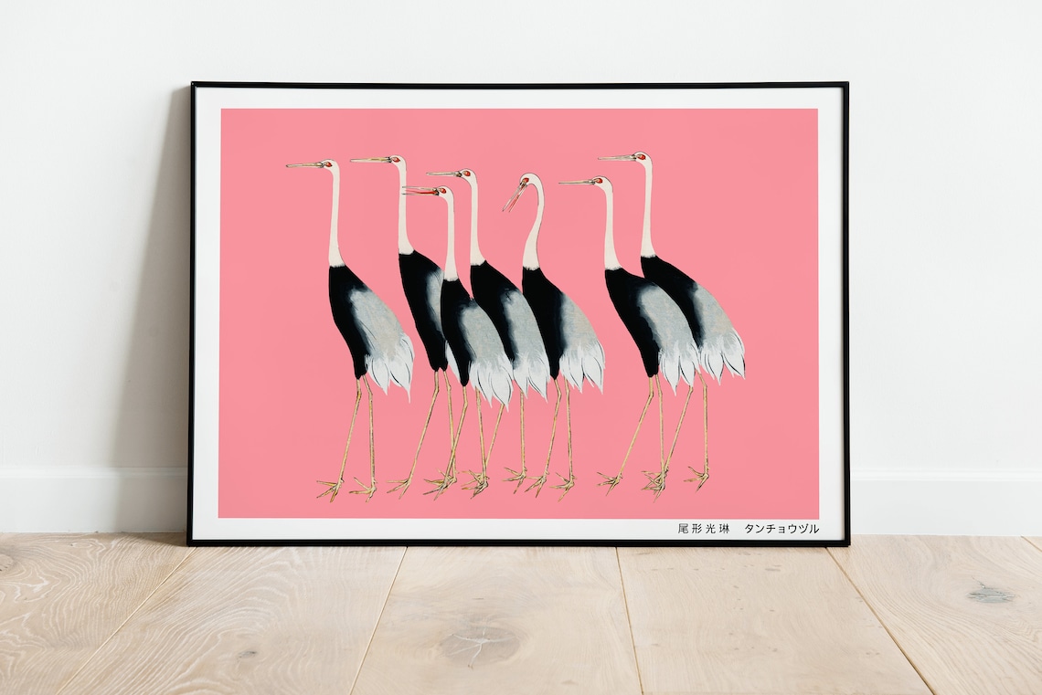 Japanese Pink Crowned Crane Flock Vintage Illustration Poster
