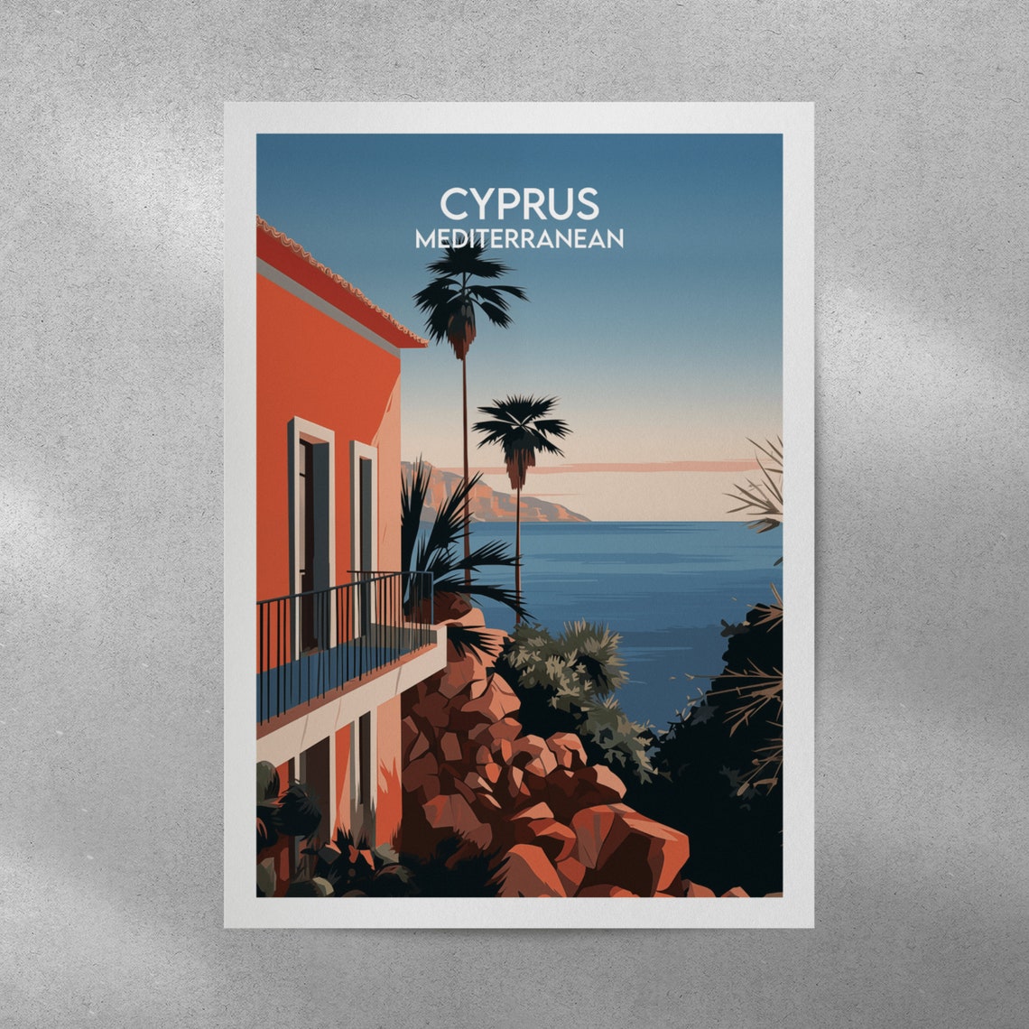 Cyprus Mediterranean Villa Seaside Sunset Palm Silhouette Poster - Image 3