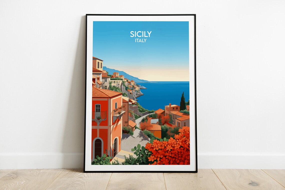 Sicily Italy Colorful Coastal Town Overlooking the Sea Poster