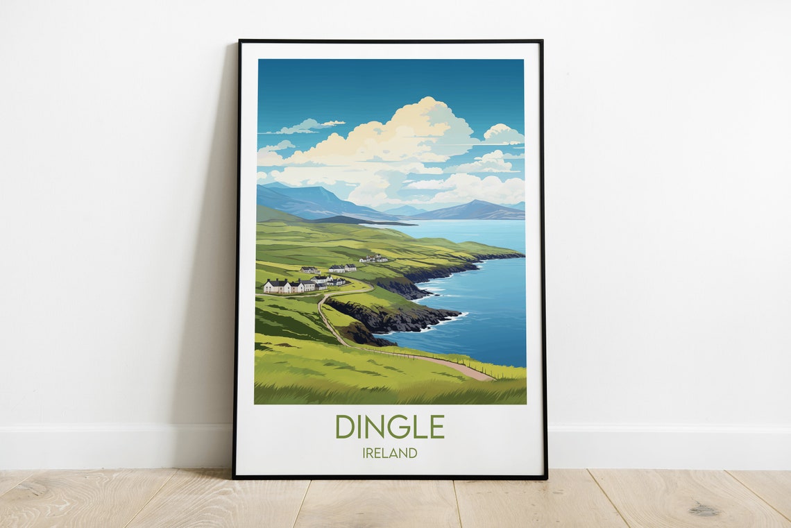 Dingle Ireland Green Coastal Cliffs Cottages Vintage Travel Poster