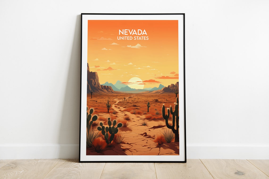 Nevada Desert Cactus Sunset Vintage United States Travel Poster
