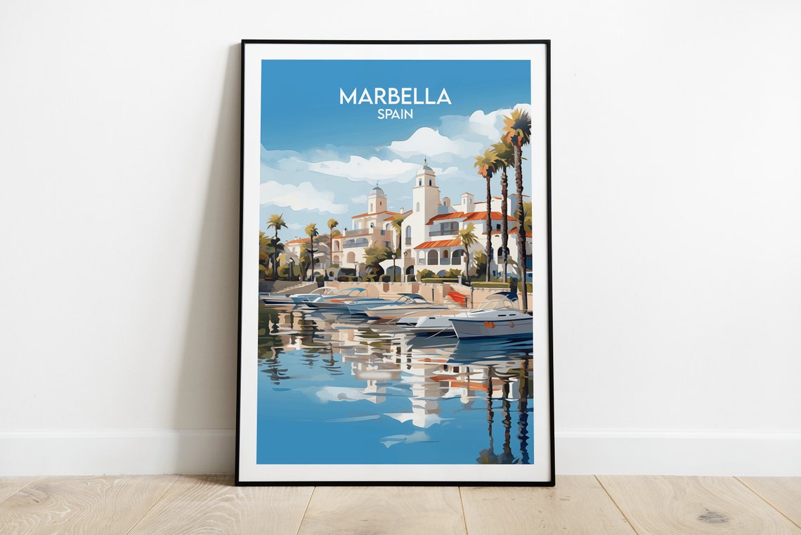 Marbella Spain Harbor Yachts Palm Trees Vintage Travel Art Poster
