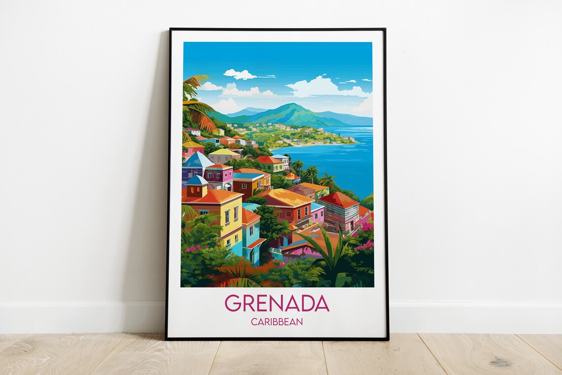 Grenada Caribbean Colorful Hillside Bay Town Travel Art Poster