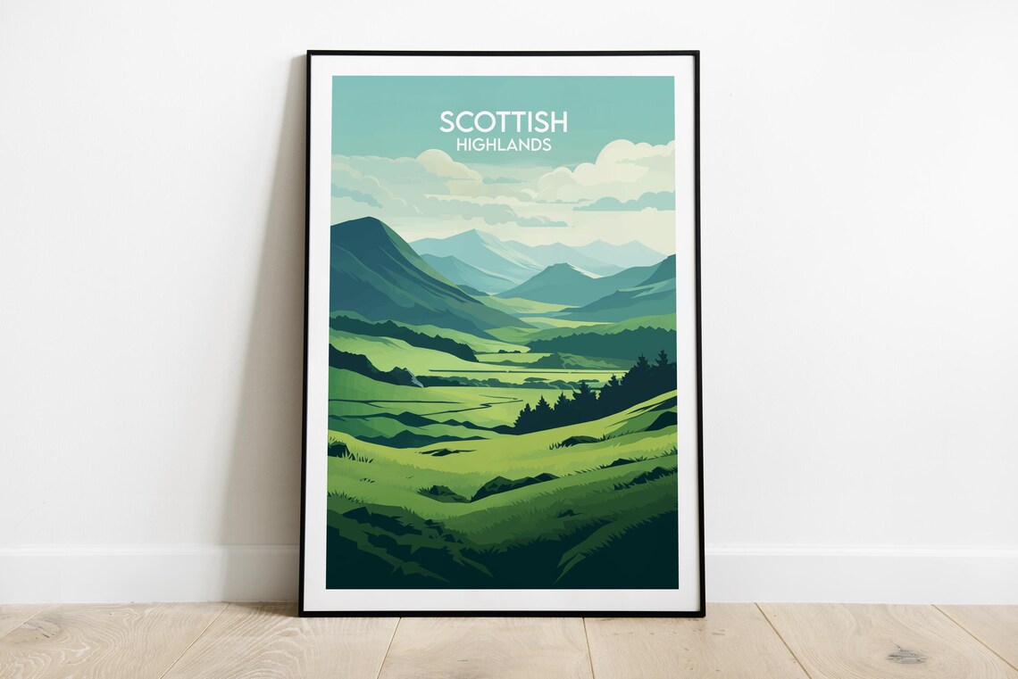 Scottish Highlands Blue Peaks Green Glen Travel Illustration Poster
