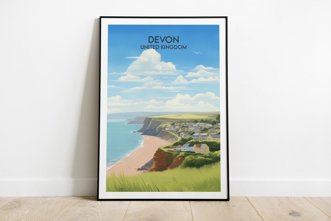 Devon United Kingdom Sandy Beach Red Cliffs Seaside Travel Poster