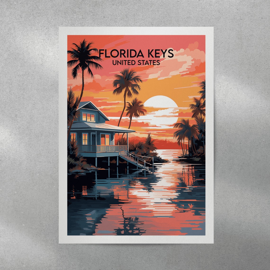 Florida Keys Sunset Stilt House Palm Trees Over Water Travel Poster - Image 3