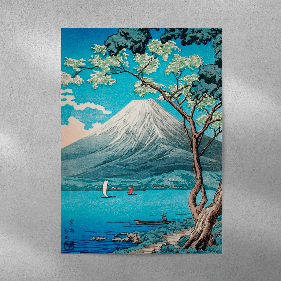 Mount Fuji With Cherry Blossoms Over The Lake Japanese Woodblock Print - Image 5