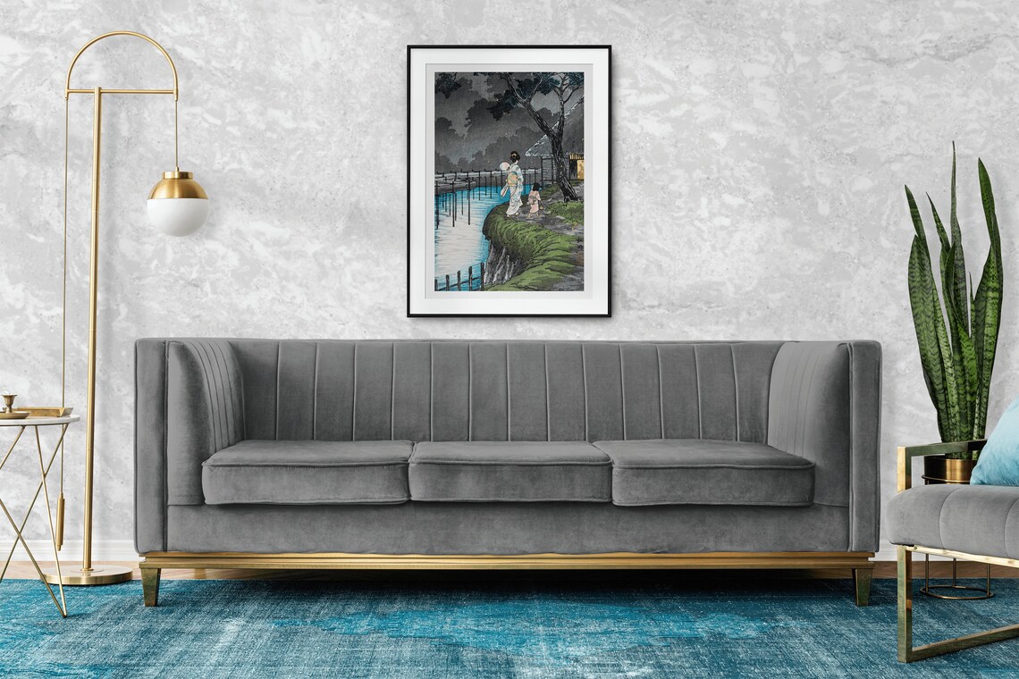 Japanese Evening Woodblock Woman Child Moonlit River Art Poster - Image 2