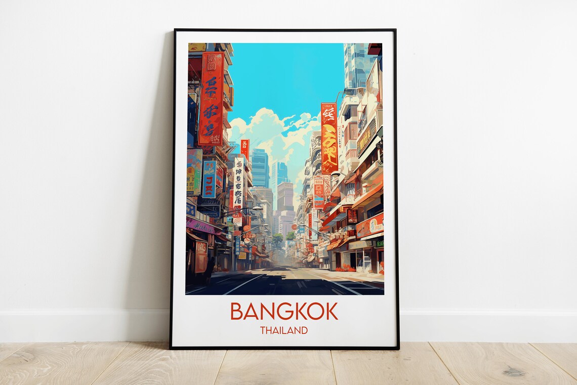 Bangkok Thailand Neon Signs Street Scene Minimal Travel Poster