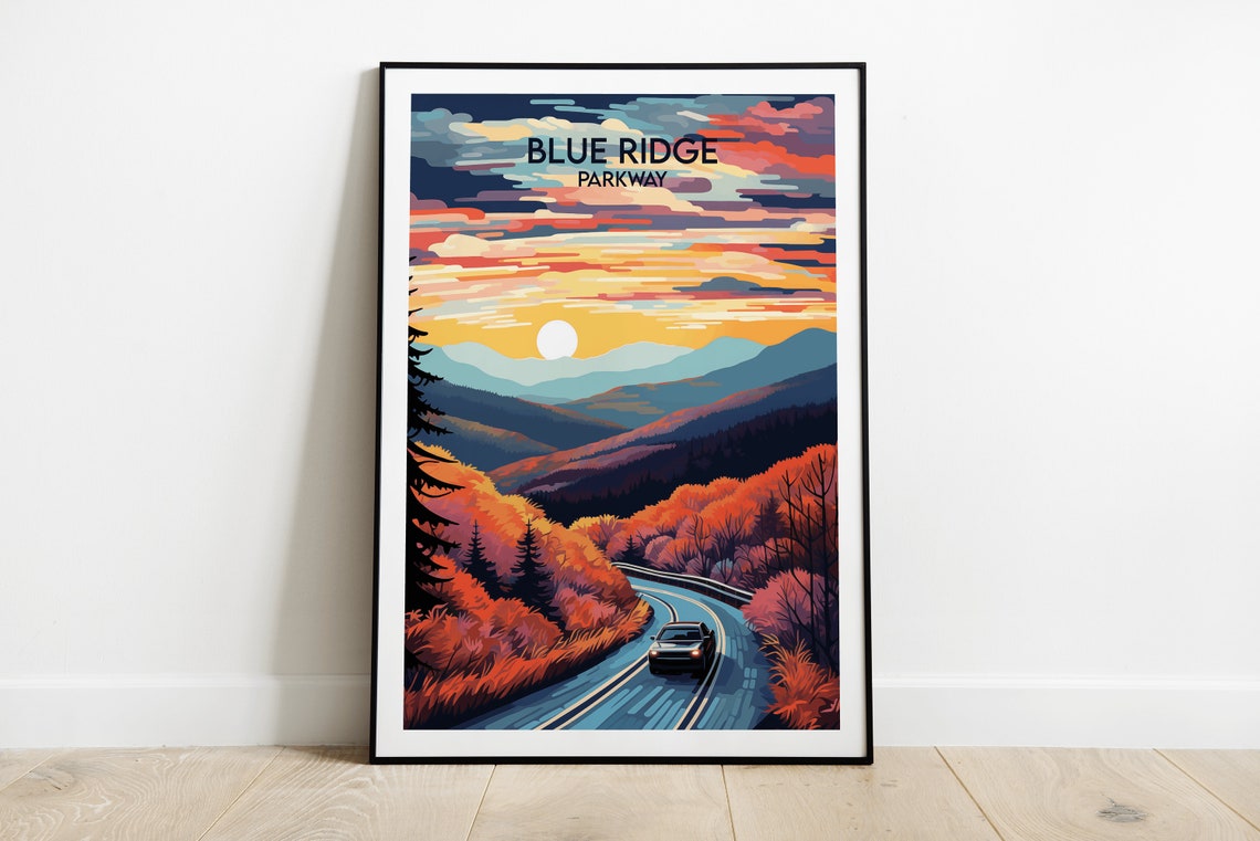 Blue Ridge Parkway Autumn Drive at Sunset Retro Travel Poster