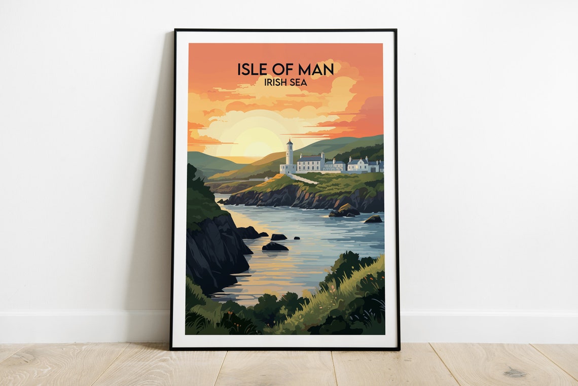 Isle of Man Lighthouse Sunset Vintage Irish Sea Travel Poster