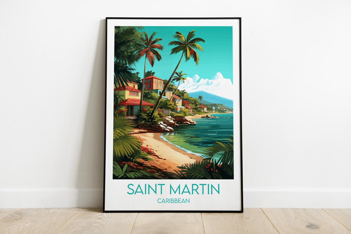 Saint Martin Caribbean Travel Poster Palm Beach Tropical Island Scene
