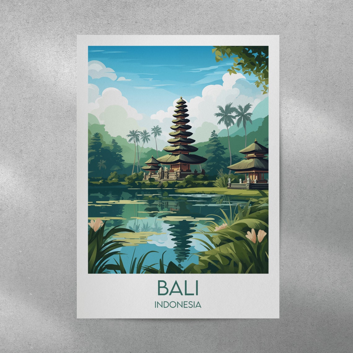 Bali Indonesia Lake Temple with Palms Serene Retro Travel Poster - Image 3