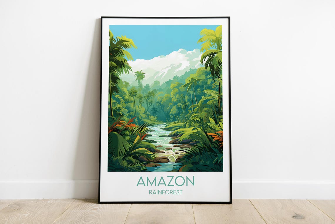 Amazon Rainforest Tropical Jungle River Palms Vintage Travel Poster