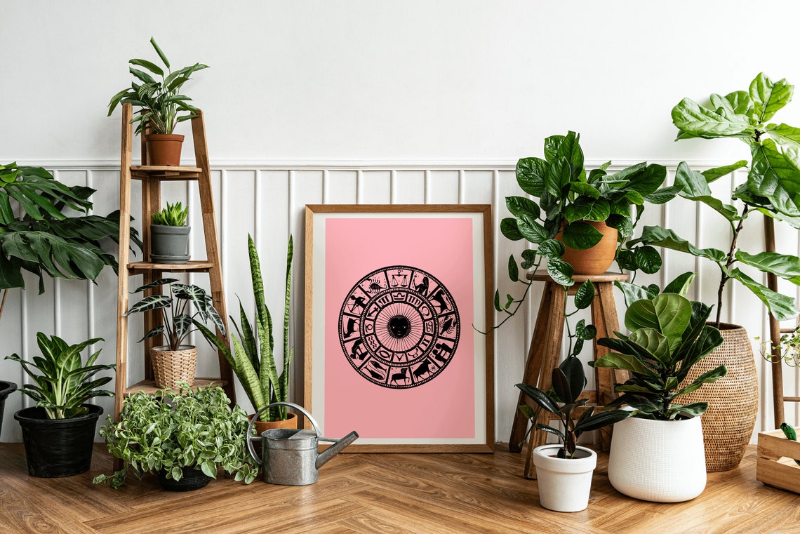 Ecliptic Zodiac Wheel Chart Print Pink Vintage Astrology Circle Art - Image 2
