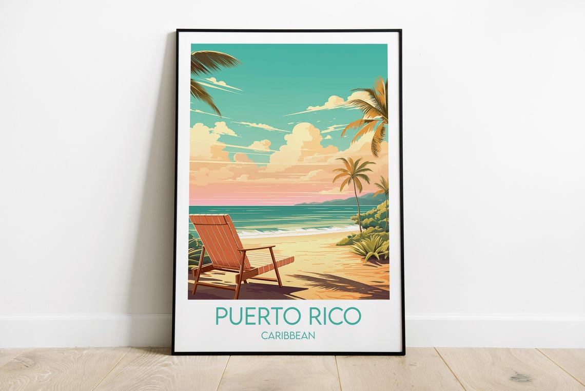 Puerto Rico Caribbean Beach Chair Palm Tree Tropical Travel Poster