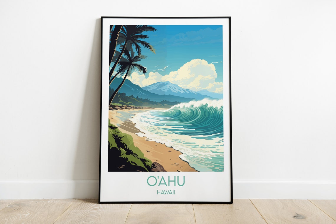 Oahu Hawaii Turquoise Ocean Wave Surf Beach Retro Travel Poster