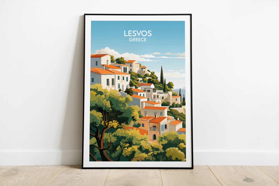 Lesvos Greece Whitewashed Village Red Roofs Hills Travel Poster