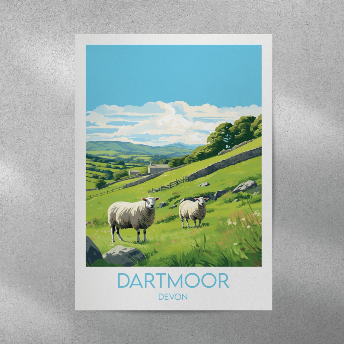 Dartmoor Devon Two Sheep Rolling Hills Vintage Travel Poster - Image 2