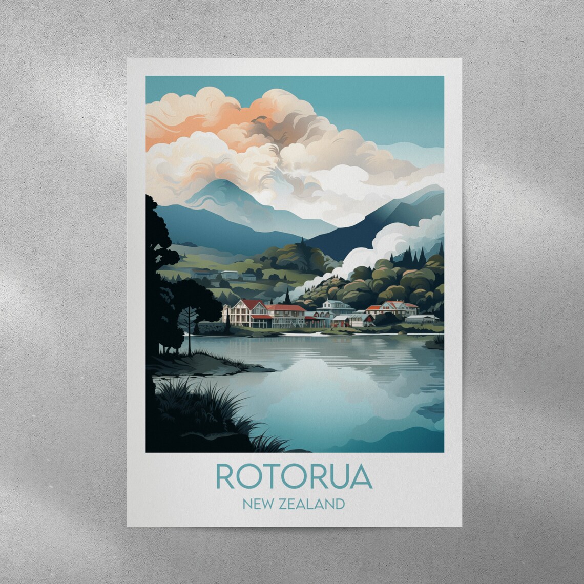 Rotorua New Zealand Geothermal Lake Mountains Vintage Travel Poster - Image 2