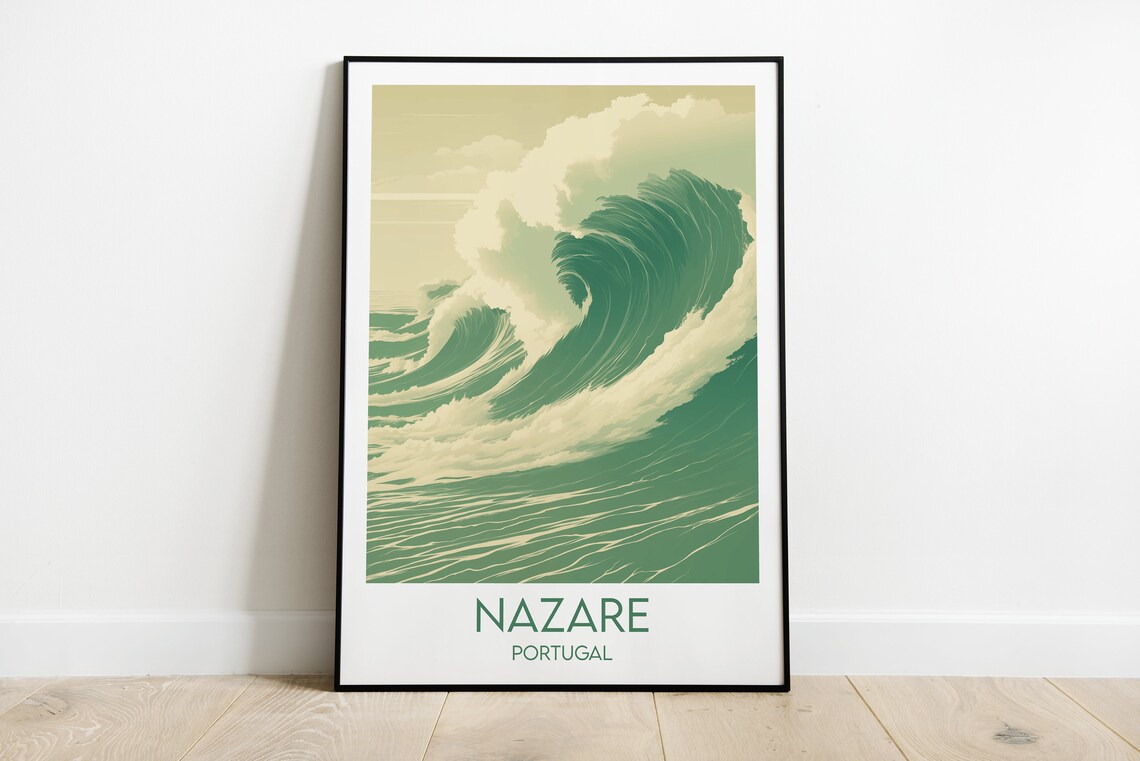 Nazare Portugal Giant Ocean Wave Surf Retro Style Travel Print