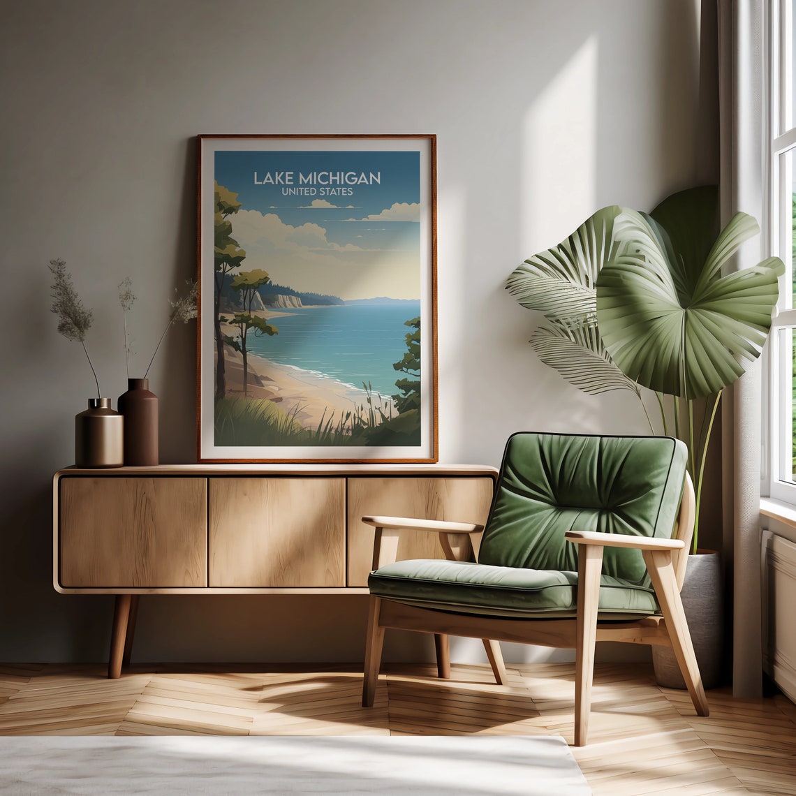 Lake Michigan United States Beach Cliffs Retro Travel Art Poster - Image 2