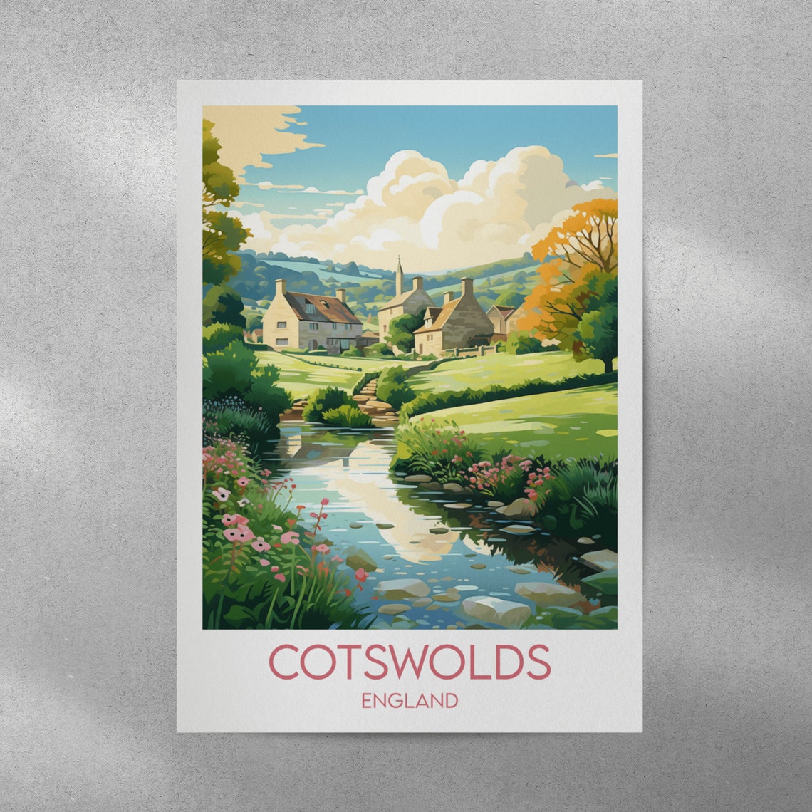 Cotswolds England Village Stream Wildflowers Cottage Travel Poster - Image 3