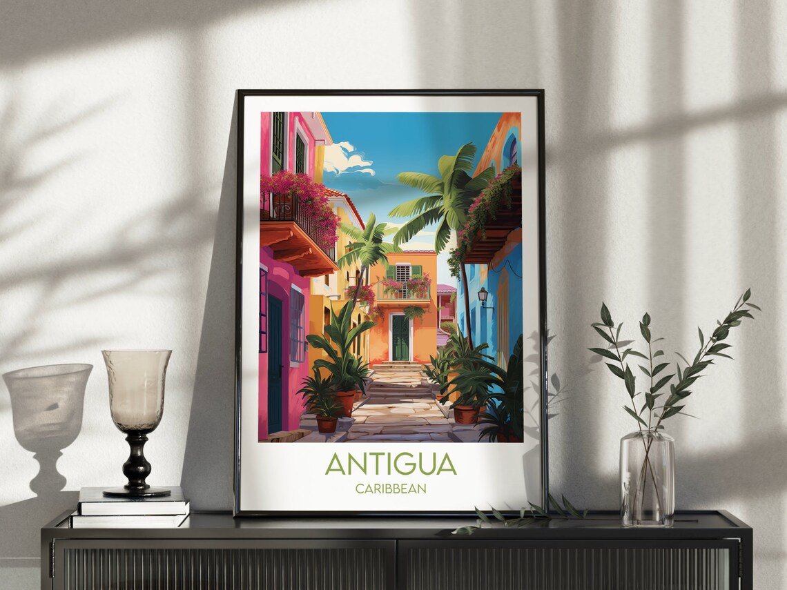 Antigua Caribbean Colorful Street With Palm Trees Travel Poster - Image 3