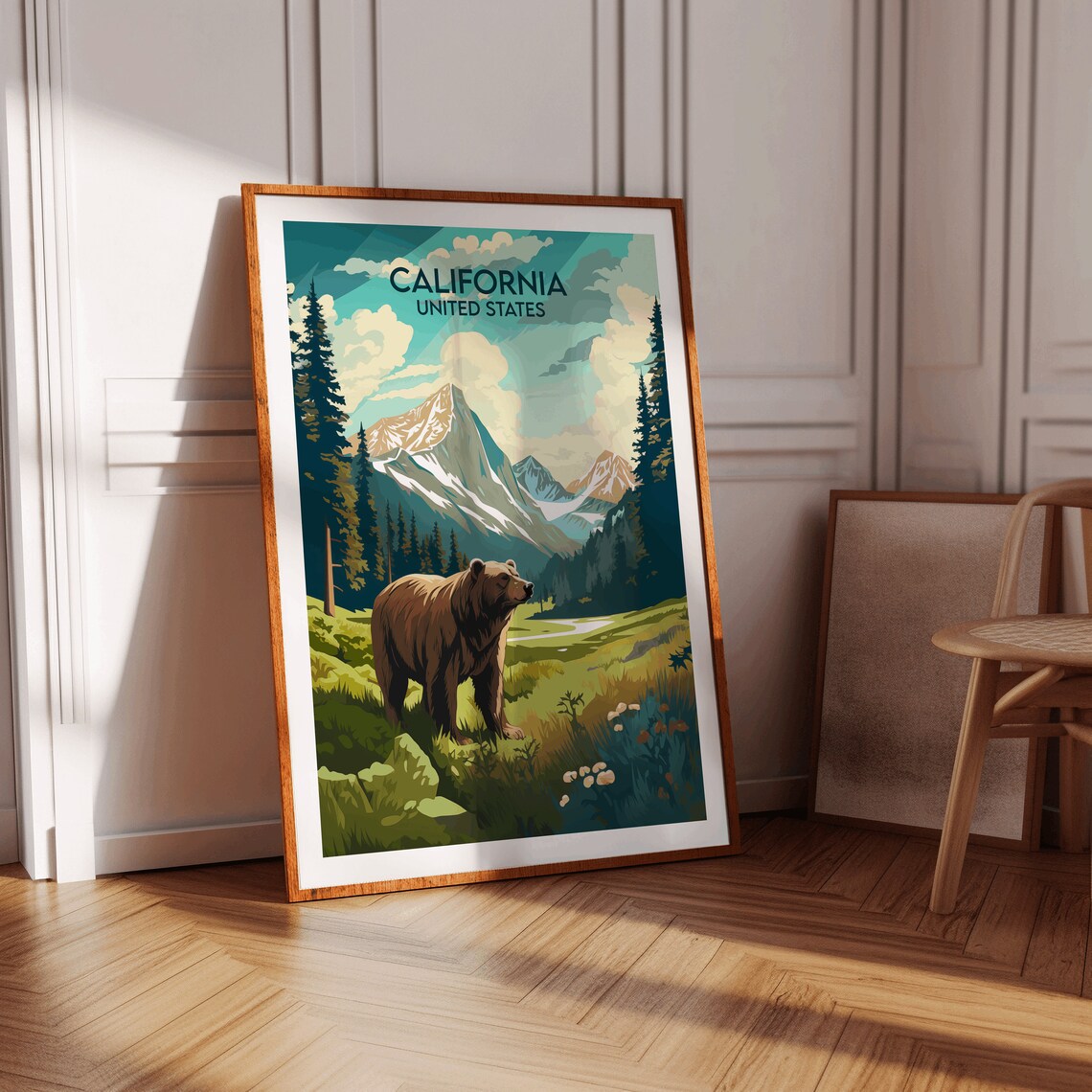 California United States Grizzly Bear in Mountain Meadow Travel Poster - Image 2