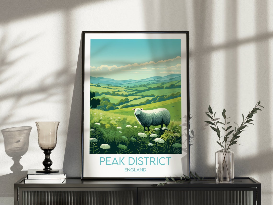 Peak District England Rolling Hills Sheep Vintage Travel Poster - Image 3