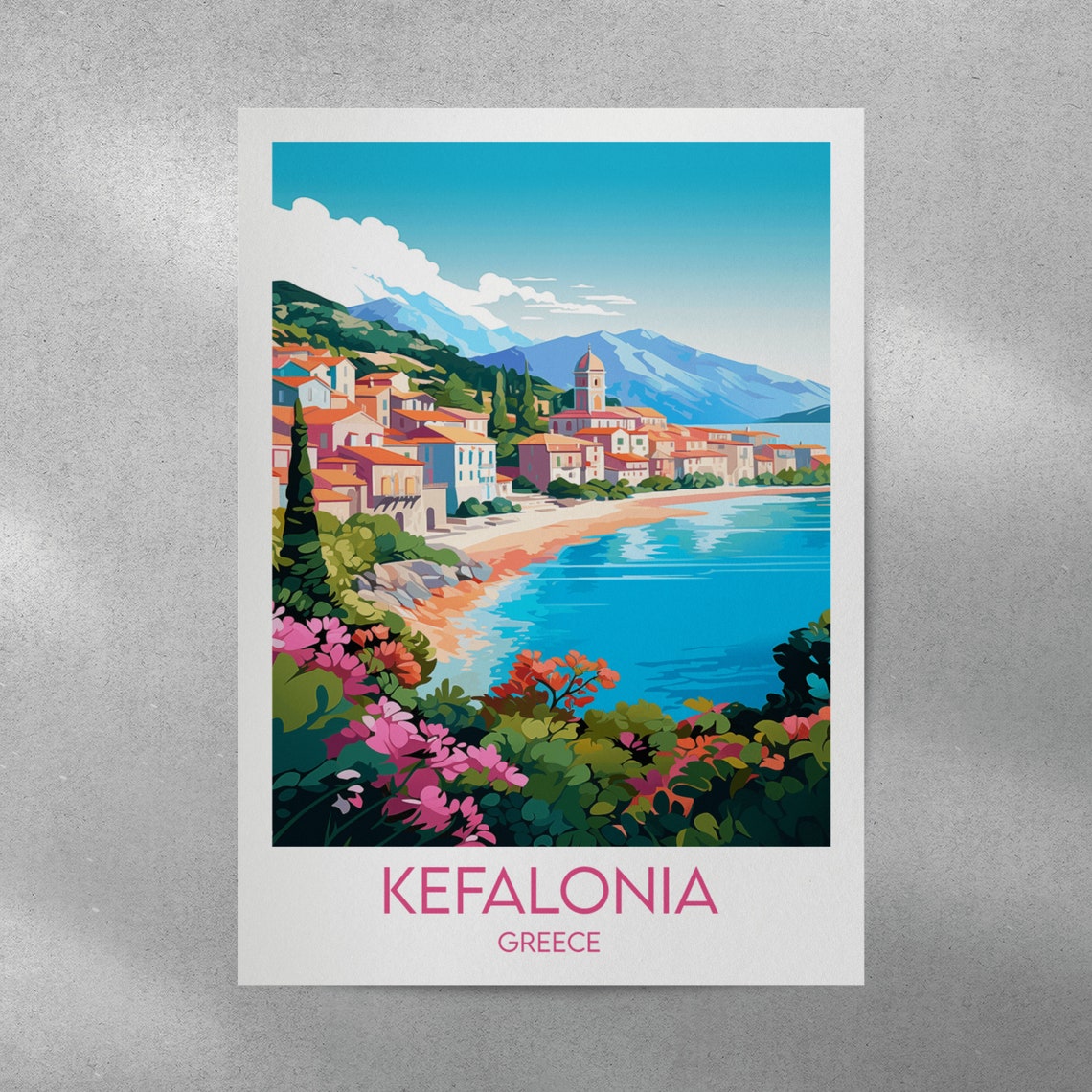Kefalonia Greece Coastal Town Church Tower Azure Bay Travel Poster - Image 3