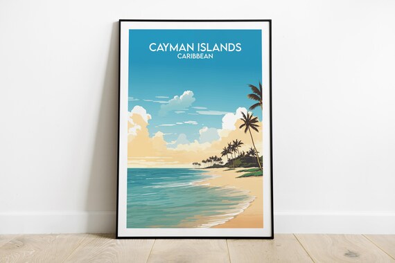 Cayman Islands Caribbean Tropical Beach Palm Trees Travel Poster