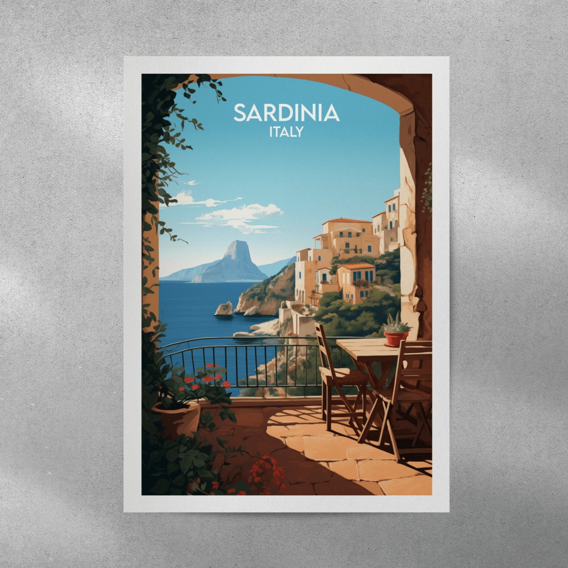Sardinia Italy Coastal Terrace Hillside Village Sea View Travel Poster - Image 3