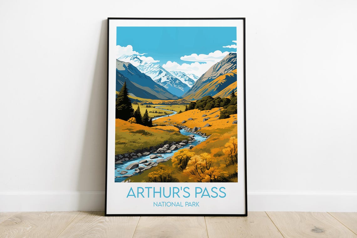 Arthurs Pass National Park River Valley Mountain Travel Poster
