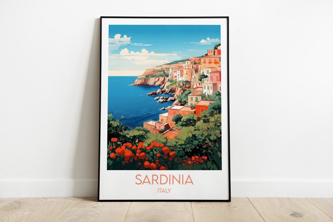 Sardinia Italy Travel Poster Cliffside Village Mediterranean Sea View
