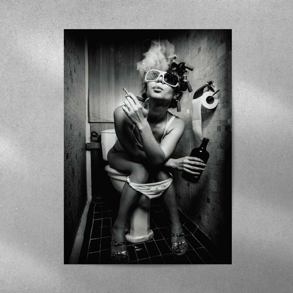 Edgy Black White Photo Woman Smoking on Toilet Bathroom Poster - Image 5