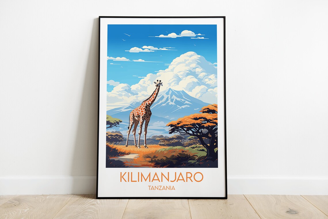 Kilimanjaro Tanzania Giraffe Savanna Mountain Travel Poster Art