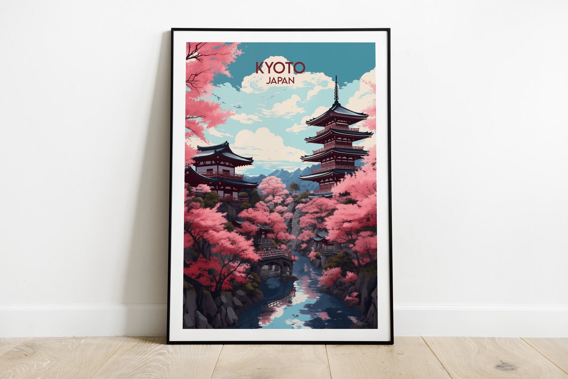 Kyoto Japan Pagoda Cherry Blossom Temple Sunset Travel Poster
