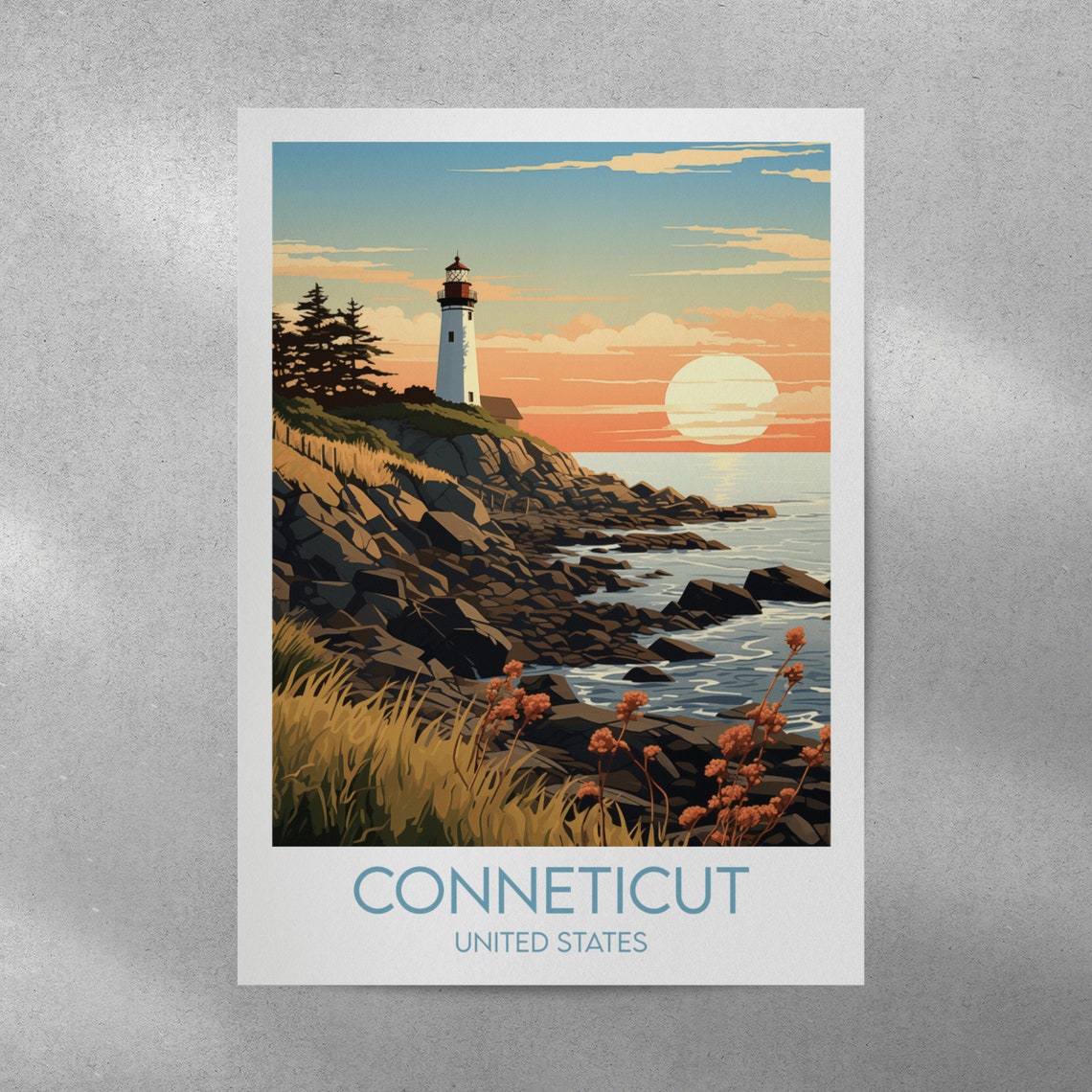 Connecticut New England Lighthouse Ocean Cliffs Travel Poster - Image 3