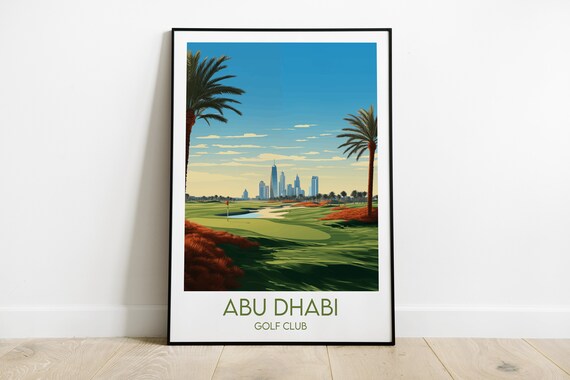 Abu Dhabi Golf Club Vintage Travel Art Print with Skyline and Palms