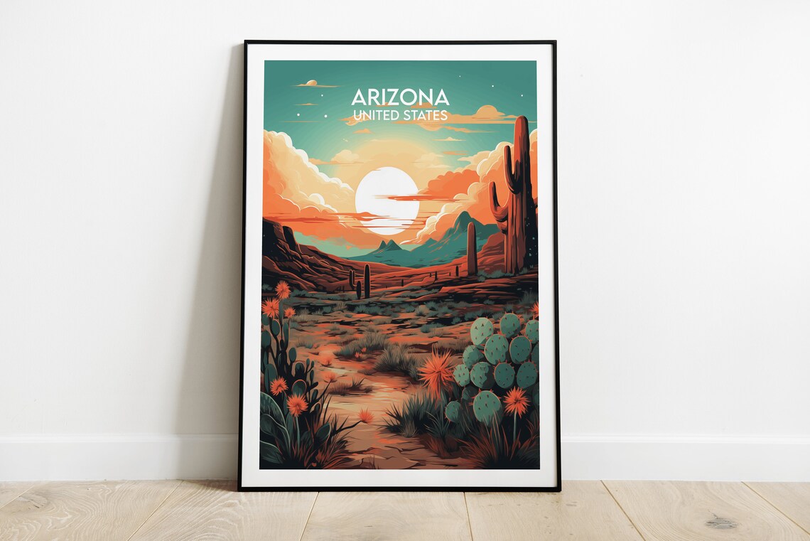 Arizona United States Teal Orange Cactus Garden Sunset Travel Poster