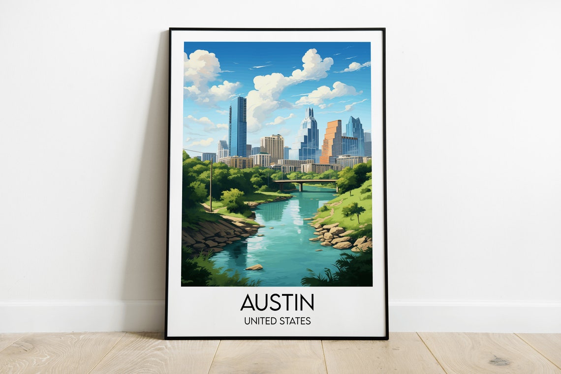 Austin United States Skyline River Park Vintage Travel Poster