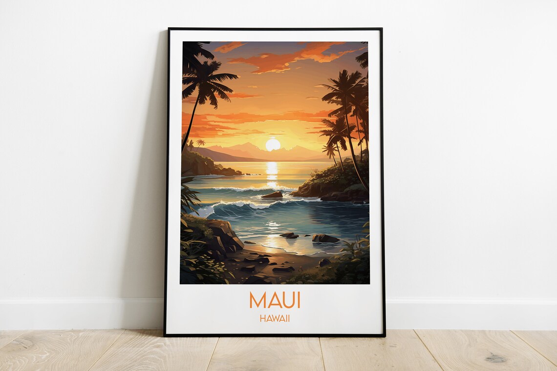 Maui Hawaii Golden Beach Sunset Palm Trees Tropical Travel Poster