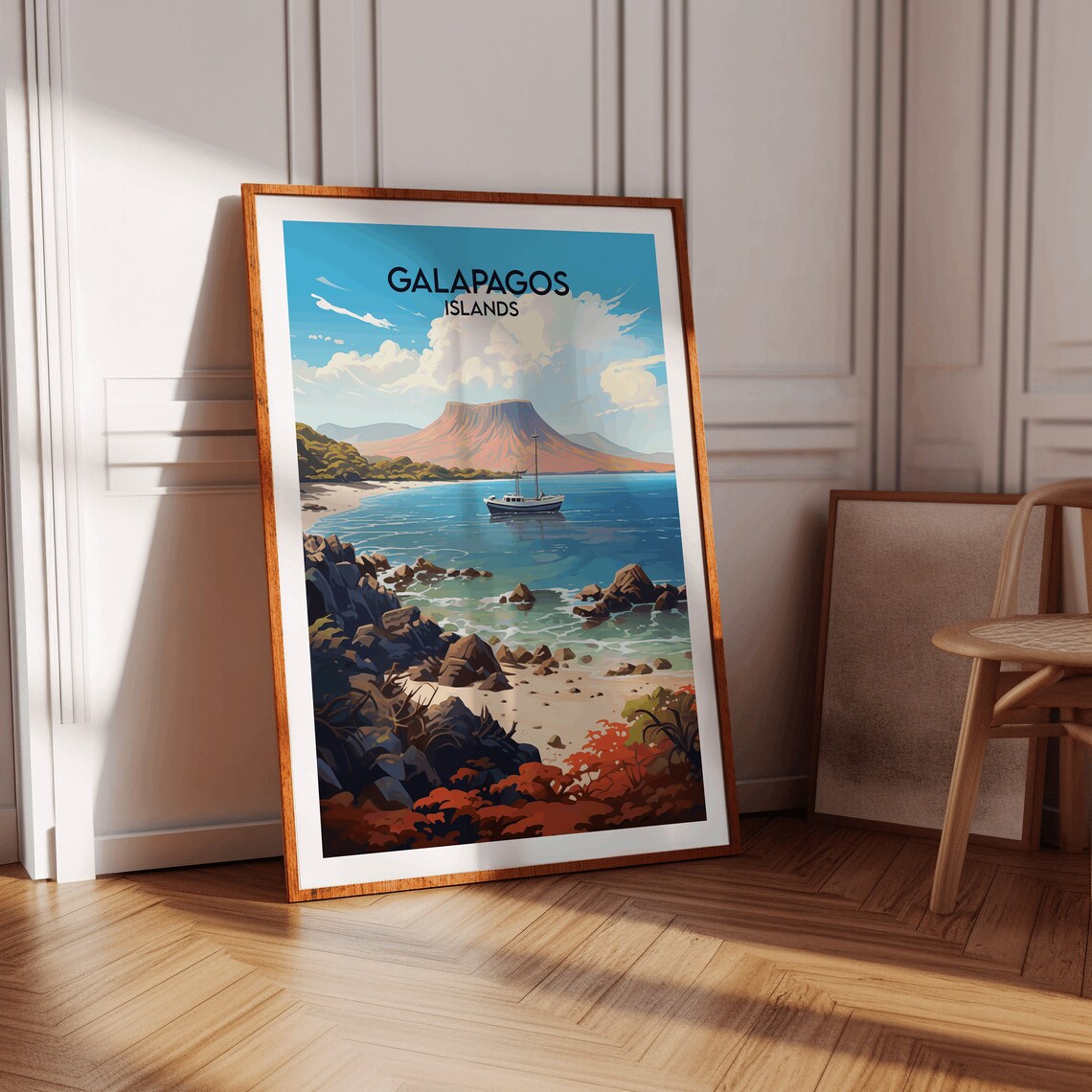 Galapagos Islands Vintage Volcano Sailboat Bay Travel Poster - Image 2