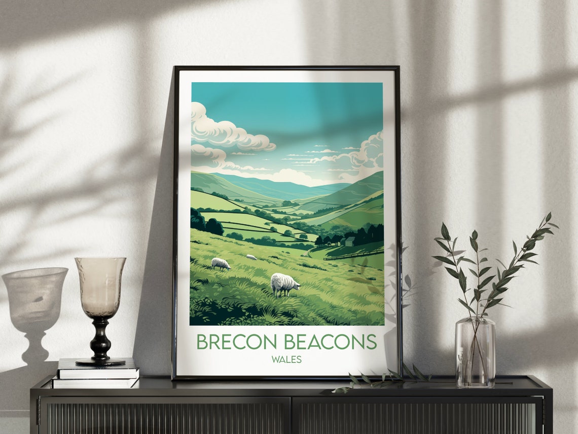 Brecon Beacons Wales Grazing Sheep Rolling Green Hills Travel Poster - Image 3