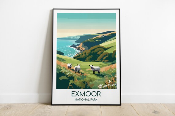 Exmoor National Park Rolling Green Hills Sheep Travel Poster