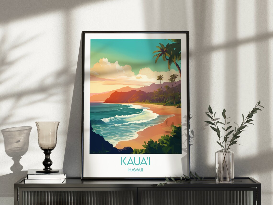 Kauai Hawaii Palm Tree Beach Ocean Retro Vintage Travel Poster - Image 3
