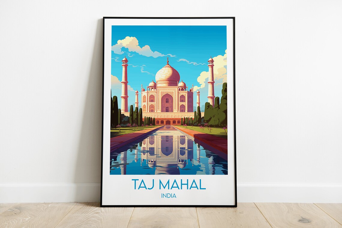 Taj Mahal India Vintage Travel Poster Reflecting Pool Palace
