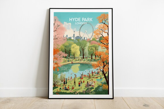 Hyde Park London Autumn Lake Boaters London Eye Scene Art Poster